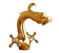 Robinet de salle de bain en forme de dragon doré poli en laiton massif avec aérateur d'économie d'eau et double poignée en croix pour installation d'évier à trou unique dans une décoration de
