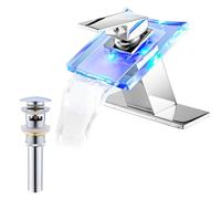 Robinet de salle de bain en verre LED moderne avec bouchon de drain de débordement à poignée monochrome Chrome Finition Basin Tap pour lavabo à lavabo 3 Couleurs Changer la batterie de pont de pont