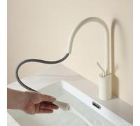 Robinet de Salle de Bains Robinet de Salle de Bain Mitigeur de Lavabo à Levier Unique Col de Cygne Pivotant à 360° Blanc Laiteux Extractible