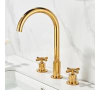 Robinet d'eau chaude et froide à trois trous en cuivre massif divisé à trois trous Robinet de lavabo double poignée, grand tube incurvé doré [Poignée de volant à main]