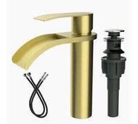 Robinet d'évier cascade pour salle de bain, robinet mitigeur de salle de bain à 1 trou avec bonde de vidange pop-up et lignes d'alimentation, lavabo, ferme, or brossé