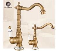 Robinet d'évier de cuisine de salle de bains en laiton Antique, montage sur pont, grue chaude et froide, robinets mélangeurs d'évier de vanité, poignée en porcelaine bleue et blanche Grand A