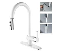 Robinet d'évier de cuisine double fonction avec douchette extractible, arc, pivotant à 360°, robinet mitigeur d'eau en blanc mat/finition chromée ASKW01U