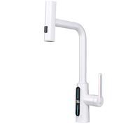 Robinet d'évier de cuisine LED avec affichage de la température, pulvérisateur à tirette vers le bas, design cascade, poignée unique, finition blanche moderne pour une cuisson et un nettoyage faciles