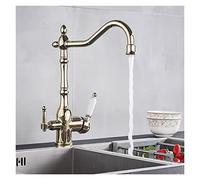 Robinet d'évier de cuisine noir mat, filtre à eau Pure, mitigeur de boisson, double poignées, deux becs, salle de bains, robinet de cuisine, grue chaude et froide (Color : Gold)