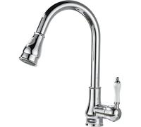 Robinet d'évier de cuisine vintage avec douchette extractible, bec pivotant à 360 °, finition chromée, corps en laiton, cartouche en céramique, mise à niveau élégante de la cuisine