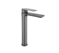 Robinet d'évier de navire à poignée unique moderne, robinets de salle de bain à corps haut à un trou, robinet de vanité de lavabo en acier inoxydable mitigeurs de bassin à moulage monobloc (gris, noir