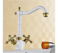 Robinet D'Évier Robinets D'Évier de Salle Den Robinet Pivotant D'Évier de Salle Den Robinet Mélangeur En Laiton Blanc Grillé Robinet de Grue de Cuisine À Poignée Polie Dorée Double