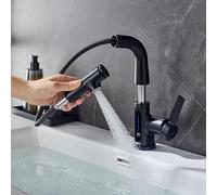 Robinet Lavabo Extensible Noir Robinet Salle Bain Indicateur Températur LED | Robinet de Lavabo LakeBayMZC Douchette Extensible, Mitigeur Monocommande avec 3 Types de Jets pour Lavabos de Salle de Bains