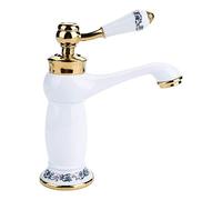 Robinet mitigeur à poignée Unique en Laiton Antique à Motif Floral avec raccords Standards, Robinet d'eau Froide/Chaude pour Salle de Bain (Blanc)