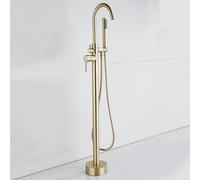 Robinet Mitigeur Bain-Douche Sur Pied Finition Or Brossé avec Douchette Eau Chaude/Eau Froide Rotative à 360° En Laiton Fixation Au Sol