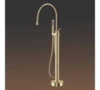 Robinet Mitigeur Bain-Douche Sur Pied Finition Or Brossé avec Douchette Eau Chaude/Eau Froide Rotative à 360° En Laiton Fixation Au Sol