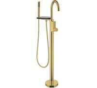 Robinet Mitigeur De Bain-Douche Autoportant, Poignée À Double Commande, Ensemble De Douche Sur Pied Avec Étagère, Robinet À Bouton Encastré De Style Boîte（Gold）