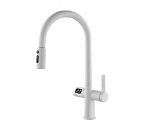 Robinet mitigeur de Cuisine extractible avec pulvérisation Affichage numérique pivotant Eau Chaude et Froide en Laiton monotrou Robinet d'évier de Cuisine extractible-Blanc