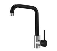 Robinet mitigeur d'évier de cuisine à bec pivotant à 360° - Mitigeur à levier unique - Corps en chrome poli - Noir mat - Col de cygne - Robinet de cuisine rectangulaire avec aérateur