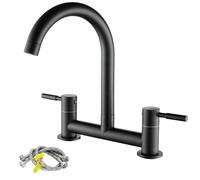 Robinet mitigeur d'évier de cuisine, mélangeur à pont à 2 trous, robinet monté sur pont avec tuyaux G1/2, raccords standard, double levier 1/4 de tour, bec pivotant à 360°, laiton, noir mat