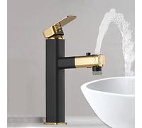 Robinet Mitigeur Lavabo avec Douchette Extractible Robinet Salle de Bain en Laiton 3 Modes Robinetterie Vasque à Poser pour Salle Bain Lavabo Noir+Or,Haute