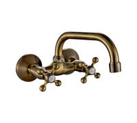 Robinet mural pour cuisine et évier, bec pivotant à 360°, double poignée, style vintage industriel, laiton massif, finition bronze vieilli, distance entre les prises 9,5-12,5 cm, AQG Athos Classique