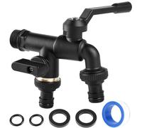Robinet universel de jardin double 1/2" en laiton avec 2 joints en caoutchouc + 2 joints toriques + 1 ruban adhésif étanche + 2 adaptateurs de tuyau pour jardin, machine à laver, noir