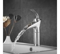 Robinets Cascade pour Salle De Bain Lavabo Haut Trou Unique Chaud Et Froid G1/2 Connexion Mélangeur Robinet Lavabo Salle De Bain Cascade, Brushed, Low