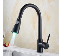 Robinets de Cuisine à LED Noir∕Chrome, poignée Unique, tête de pulvérisation extractible, Robinet de Cuisine, poignée monotrou pivotante à 360 degrés, mitigeur d'eau monté sur Le Pont, Noir avec