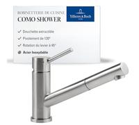 Robinetterie Villeroy & Boch Como Shower, haute pression, robinet avec douchette extractible et rotation 120°, robinetterie économique, bec 120 mm, acier inoxydable massif