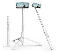 Robofun Perche à selfie extensible tout-en-un - 170 cm - En aluminium - Avec télécommande sans fil et tige télescopique - Support rotatif pour téléphone portable iPhone/Android - Blanc