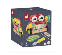 Janod, Brico'Kids, Robot en Bois à Monter et Promener, Dès 2 Ans | 42 Pièces, Tournevis, 3 Masques, 2 Plastrons Réversibles et 4 Cartes Modèles, Motricité Fine et Imagination