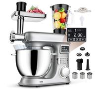 Robot pâtissier 8 L - Robot de cuisine électrique avec écran LED, 6 vitesses, tête inclinable, bol en acier inoxydable, comprend un hachoir à viande, un crochet pétrisseur, un fouet et un ac