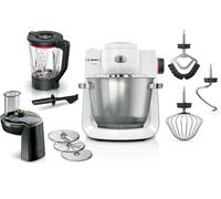 Bosch, Robot pâtissier, Série 6, moteur 1600 watts, mouvement planétaire 3D, kit pâtisserie, râpeur, blender ThermoSafe en verre, en acier inoxydable/blanc, MUMS6EW22