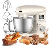 Robot pâtissier électrique 1600 W avec 6 vitesses, écran LCD, tête inclinable, bol en acier inoxydable, batteur, crochet pétrisseur et fouet inclus. Compatible lave-vaisselle.