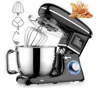 Robot pâtissier électrique sur socle de 1600 W, 6 vitesses, écran LCD et tête inclinable pour la pâtisserie et la cuisine, avec de nombreux accessoires inclus.