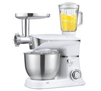 Robot pâtissier vertical, mixeur sur socle avec extracteur de jus et hachoir à viande, 1300 W, bol de 6,5 L, 6 vitesses, fonction pulse, crochet pétrisseur, fouet, batteur plat et spatule.