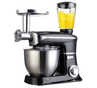 Robot pâtissier vertical, mixeur sur socle avec extracteur de jus et hachoir à viande, 1300 W, bol de 6,5 L, 6 vitesses, fonction pulse, crochet pétrisseur, fouet, batteur plat et spatule.