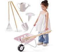 ROBOTIME Brouette en métal et outils de plantation pour enfants, 5 pièces, rose, avec poignée réglable en bois de pin, arrosoir, râteau, pelle, pour garçons et filles à partir de 3 ans