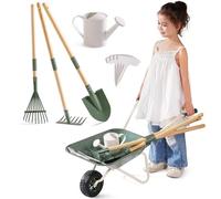ROBOTIME Brouette en métal et outils de plantation pour enfants, 5 pièces, vert olive, grand kit de jardin avec poignée réglable en bois de pin, arrosoir, râteau, pelle, pour garçons et filles à