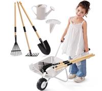 ROBOTIME Brouette et outils de plantation en métal pour enfants, 5 pièces, gris-noir, avec poignée réglable en bois de pin, arrosoir, râteau, pelle, pour garçons et filles à partir de 3 ans