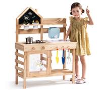 ROBOTIME Cuisine boueuse pour enfants en bois avec évier, tableau, cuisinière, robinet, ustensiles de cuisine et espace de rangement - Cuisine de jeu d'extérieur pour garçons et filles à partir de 3