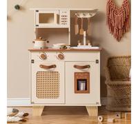 ROBOTIME Cuisine de jeu en bois réaliste avec distributeur de glace, maille de rotin et élément en cuir, jeu de rôle pour enfants, cadeau de jeu de rôle pour garçons et filles de 3 ans et plus (crème)