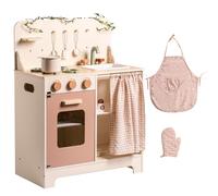 ROBOTIME Cuisine en bois rose crème pour enfants avec tablier, gant, four et robinet, rideau pour jeux de rôle interactifs, idéal pour les filles à partir de 3 ans
