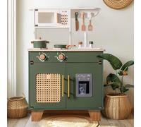 ROBOTIME Cuisine jouet rétro en bois pour enfants, avec micro-ondes, distributeur de glaçons, casier en rotin et ustensiles de cuisine réalistes, vert vintage, convient aux enfants de 3 à 8 ans