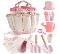 ROBOTIME Ensemble de jardin pour enfants, set de 18 outils de jardinage pour les tout-petits avec arrosoir, gants, tablier, chapeau et sac pour garçons et filles à partir de 3 ans (Rose)