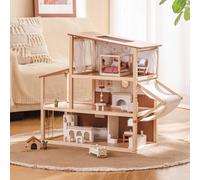 ROBOTIME Maison de poupée en bois, maison de poupée bohème avec meubles et accessoires, maison de jeu à 3 niveaux avec tente réglable et éléments en rotin, style kaki marron, cadeau imaginatif pour