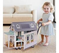 ROBOTIME Maison de poupée portable en bois de style camping-car pour enfants - Comprend des puits de toit, une tente, un ensemble de salle à manger extérieur, un bar intérieur et des roues pour une