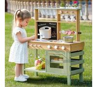 ROBOTIME Mud Kitchen Kit de jeu pour enfants, cuisine en bois de luxe avec robinet fonctionnel, tableau noir, barbecue, grand espace de rangement, évier de jardin et accessoires de cuisine, jeu de