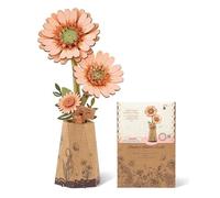 ROBOTIME Puzzle de fleurs en bois 3D orange clair Gerbera - Kit de modélisme pour adultes - À assembler - Fleurs artificielles éternelles - Kit de bricolage - Pour la Saint-Valentin, la fête des mères