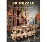 ROBOTIME Puzzles 3D en bois, kits de voitures miniatures pour adultes, ensemble de train de tramway avec chemin de fer