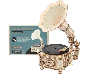 Robotime ROKR Gramophone électrique classique, Puzzle 3D en bois - 22,1 x 22,6 x 42,9 cm, 1 pièce, décoration à la maison, décoration d’étagère,Cadeaux artisanaux pour adultes et adolescents,Jouets éd