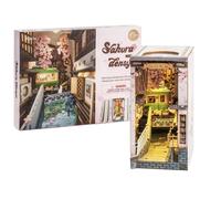 Robotime Sakura Densya Kit de maison miniature DIY sans colle, modèle de maison miniature, puzzle en bois 3D, couvercle anti-poussière, décoration d'étagère, cadeau TGB01 Sakura Densya