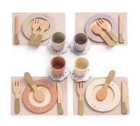 ROBOTIME Set de vaisselle en bois 29 pièces pour enfants, 4 sets de table colorés avec couverts, assiettes et tasses pour jeux de rôle, accessoires de cuisine Montessori, cadeau pour filles et garçons